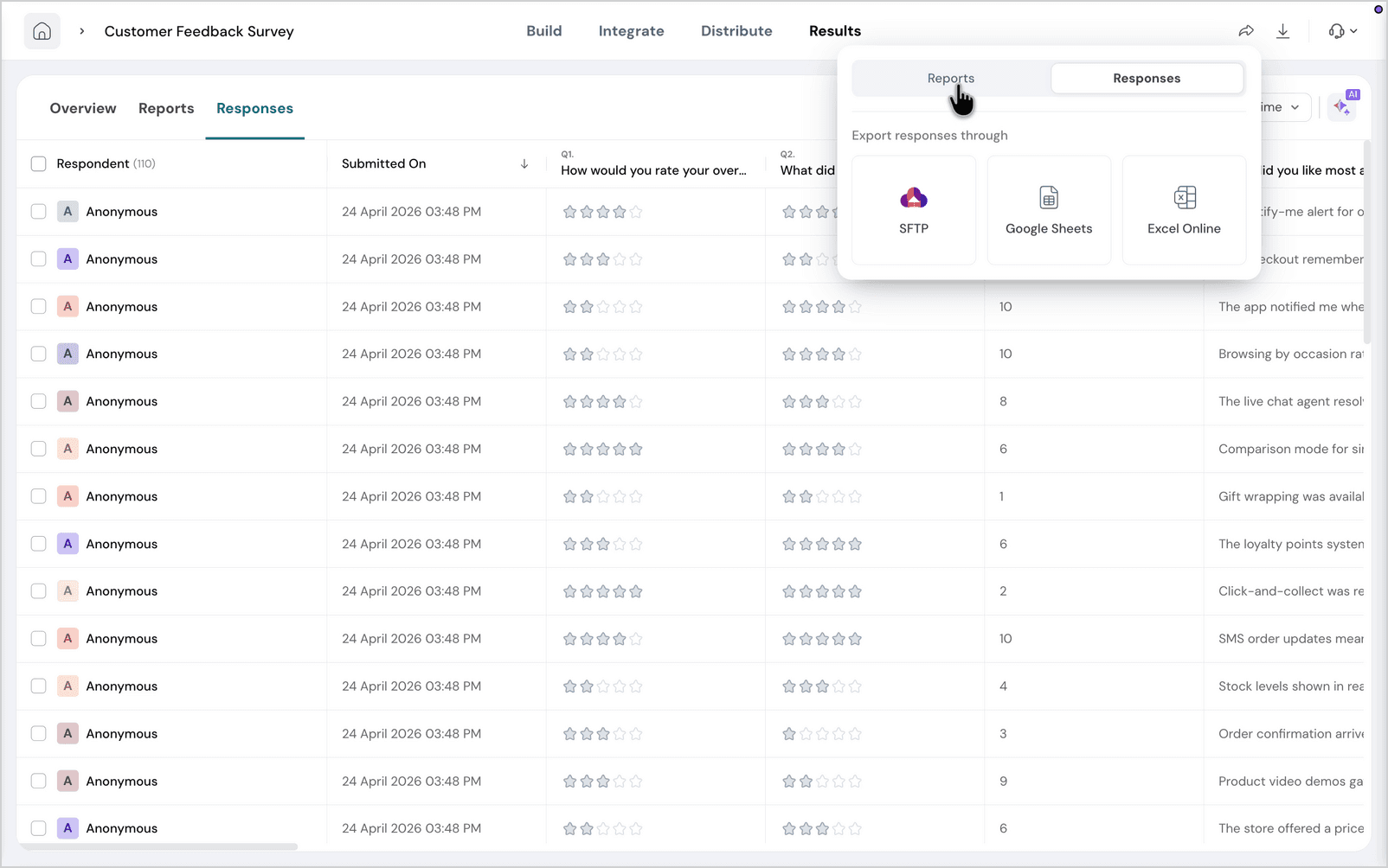 Export responses through SFTP, Google Sheets, or Excel Online